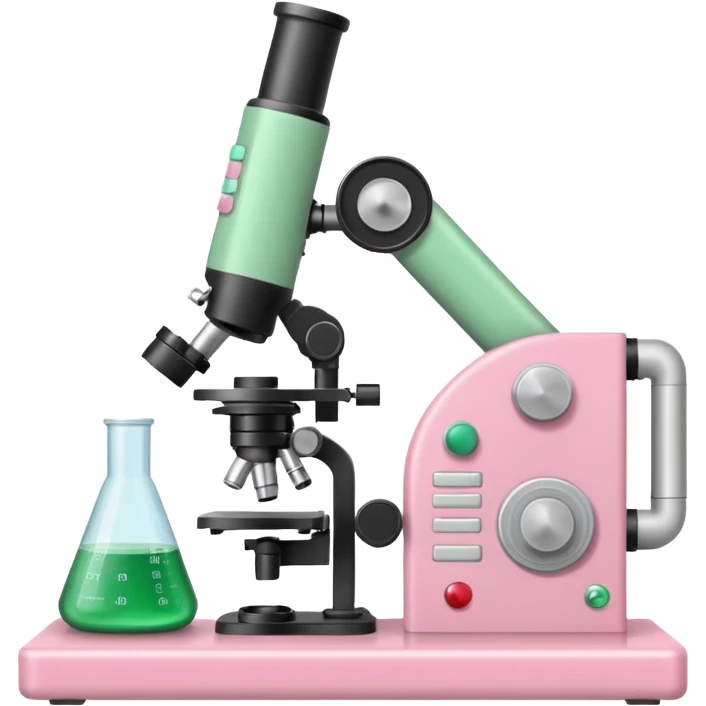 laboratorios, tubo de ensayo y microscopio todo en una imagen, que sean colores rosas, blancos, verde y beish emoji