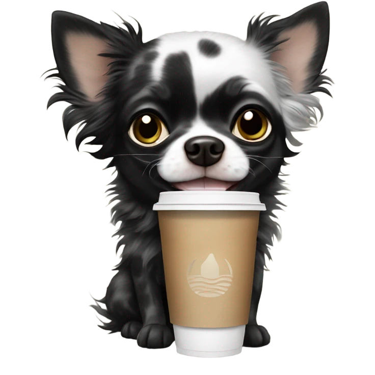 Fluffy spotted Merle long hair black chihuahua drinking Starbucks  emoji
