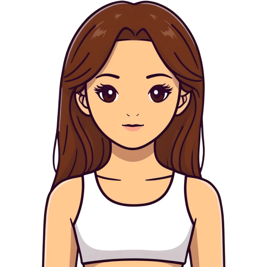 beautiful girl, long straight brown hair, brown eyes with lashes, wearing a white crop top, tan skin emoji
