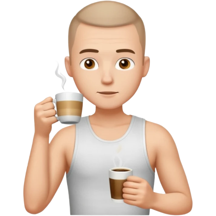 a white short guy wearing a white tank top with a buzz cut drinking a cup of coffee emoji