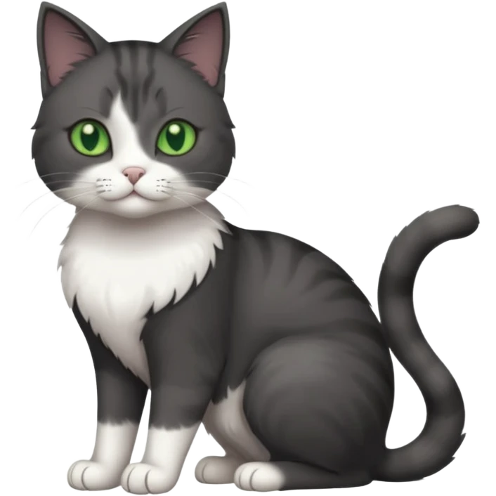 full body view of beautiful female solid dark grey cat with green eyes, white toes/paws and white patch on her chest emoji
