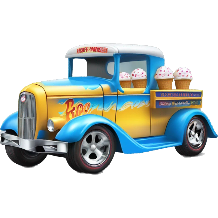 Hot rod, Hot wheels style, ice cream truck from 1934 with wide chrome mag wheels, blue, no ice cream on top of truck, open selling window.  emoji