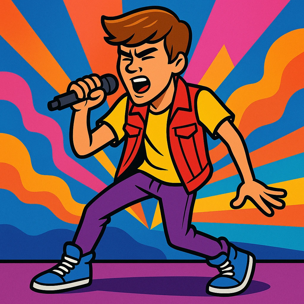 Justin Bieber illustration, performing on stage, microphone in hand, dynamic pose, colorful background emoji