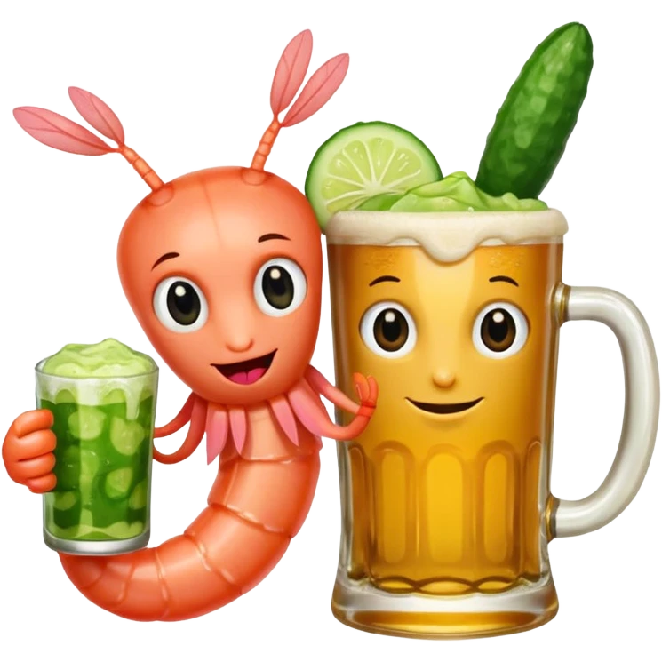 Create a modern emoji-style illustration of two shrimp characters, friendly and cool, slightly cartoon but stylish, not childish.
They are toasting (‘salud’), one shrimp holding a beer mug with aguachile topping, the other holding a fresh aguachile bowl with cucumber and chili.
  emoji