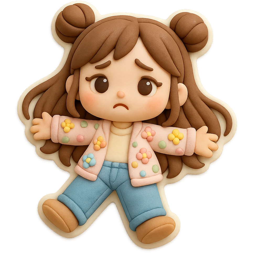 3D chibi girl in fondant cake art style, high-quality rendering with smooth shadows and soft gradients, long brown hair in two space buns, brown eyes, jeans, pastel floral cardigan, thick white outline like a sticker, transparent background, lying flat on the floor arms spread looking sad, preserve facial features from reference image emoji