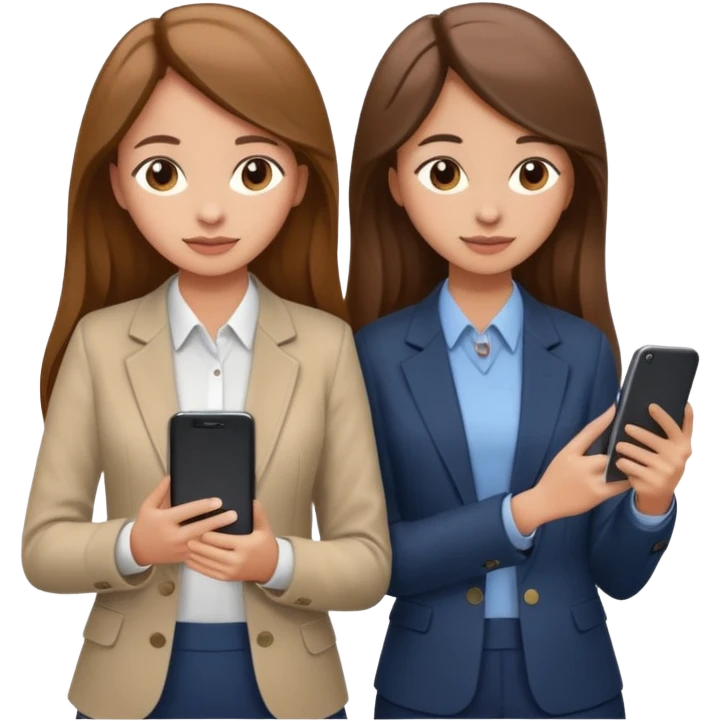 two brown haired girls, looking professional maybe leaned on each others back and looking forward and using phones, with long hair and one girl can hold lap top another one can hold the phone, professional clothes, more stylish emoji