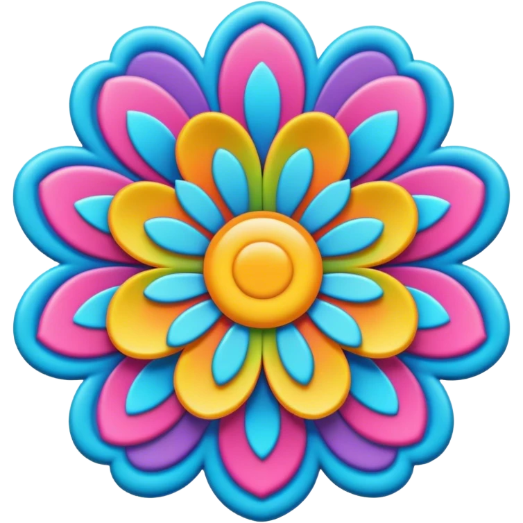 3D, psychedelic colored label with hippie style flower border emoji