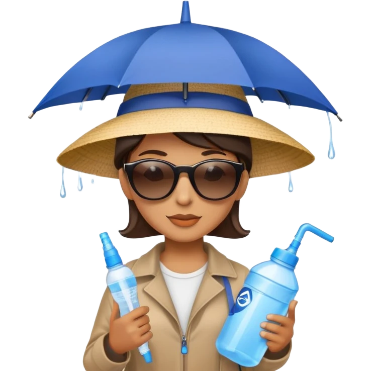 Person with an umbrella, gallon of water, hat, and sunscreen emoji
