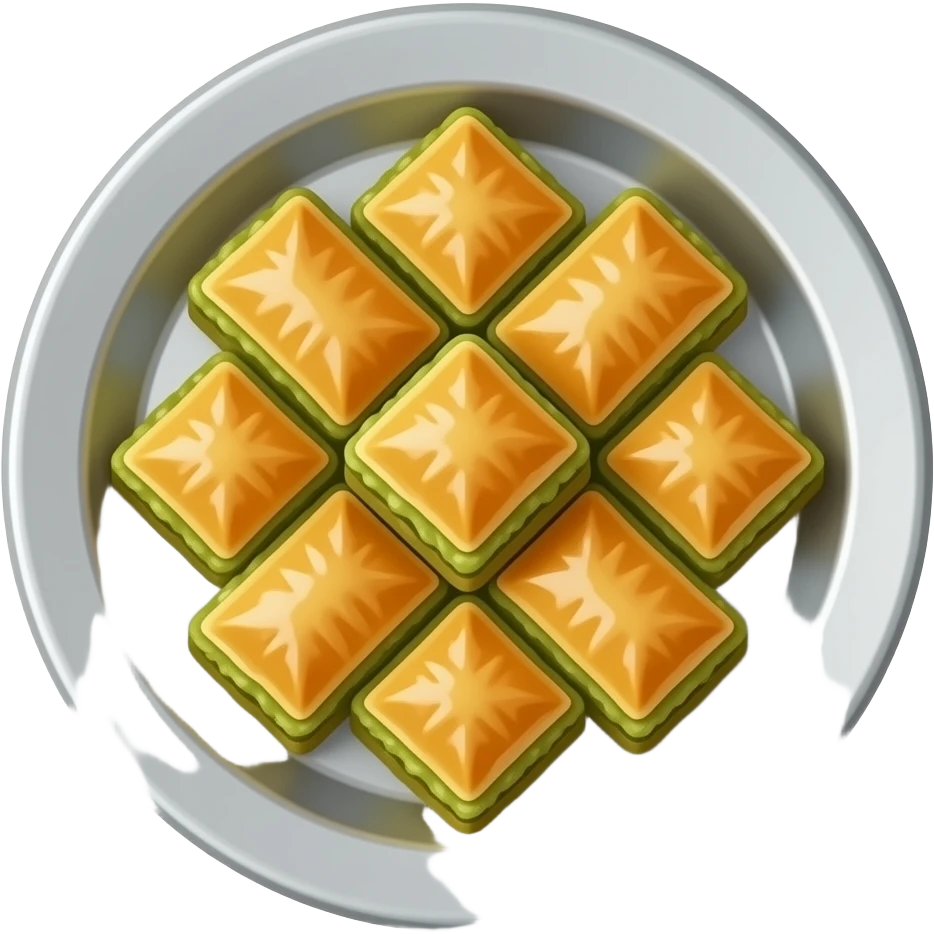 Yuvarlak gümüş bir tepside kare dilimlenmiş fıstıklı baklavalar emoji