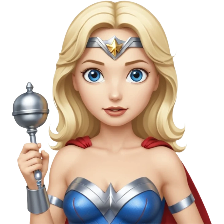 Blonde blue eyes Wonder Woman holding bell and short white baton emoji
