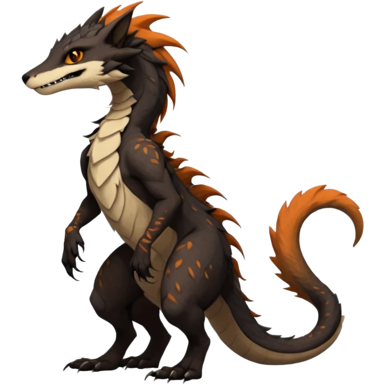 Brown and beige badass elegant wild beautiful natural cute badass epic exotic anthro modern furry 2-legged sergal-vernid-Salandit-creature, full body, dark-brown-black-gradient pretty hair, with a long tufted tail, beautiful hazel-orange eyes, aesthetic, art by LiLaiRa, art by art by Falvie emoji