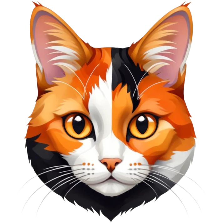 cinematic-noble-calico-cat-portrait-emoji,-poised-and-regal,-with-a-striking-patchwork-fur-in-vibrant-orange,-black,-and-white-hues,-delicate-whiskers-and-a-refined,-focused-gaze,-simplified-yet-exquisitely-detailed,-glowing emoji