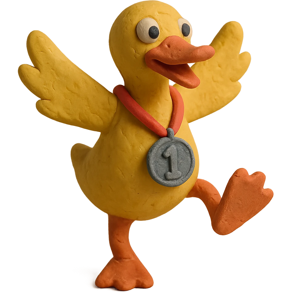 claymation style dancing duck with a race medal emoji