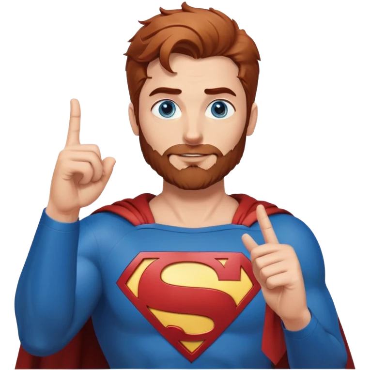 Adult-tall-full body- Superman-with redish brownish messy hair-full neatly trimmed beard-blue eyes-finger heart gesture emoji