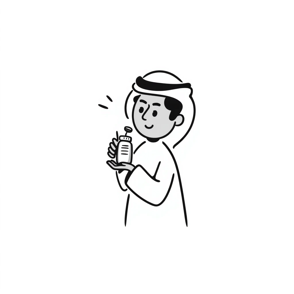 Arab man with keffiyeh holding medicine bottle and pill, hand-drawn style emoji