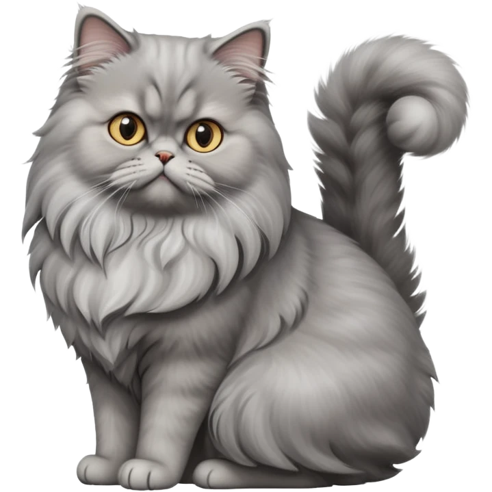 cinematic-[grey persian cat]-realistic-full-body-sitting-emoji,-tail-curled-playfully-around-its-paws,-head-tilted-dramatically,-fluffy-[grey]-fur,-simplified-yet-realistic-focused-features,-highly-detailed,-glowing-with-an-almost-sarcastic-glow emoji
