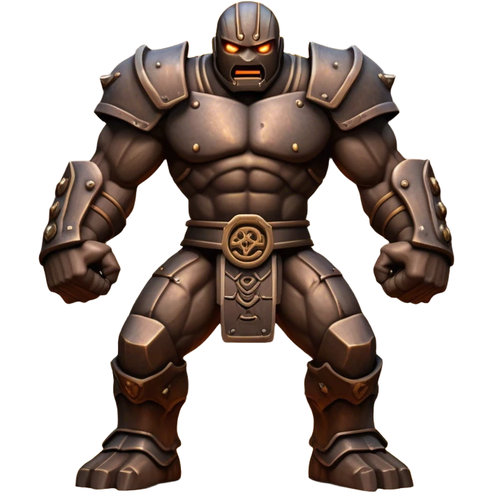 Cinematic Fierce Mighty Iron Golem Portrait Emoji Depicted mid-action in a dynamic, battle-ready stance, massive fists clenched, the ancient metallic plates along its form shifting with raw power. Its eyes blaze like molten fire within a carved, rune-etched face, exuding both divine purpose and mechanical precision. Weathered steel and dark bronze tones are accented by glowing, arcane inscriptions, each detail meticulously crafted with lifelike metallic reflections. High shine, imposing yet regal, styled with an air of indestructible might, soft glowing outline, capturing the essence of an unstoppable colossus that looks ready to charge forth with a thunderous step! emoji