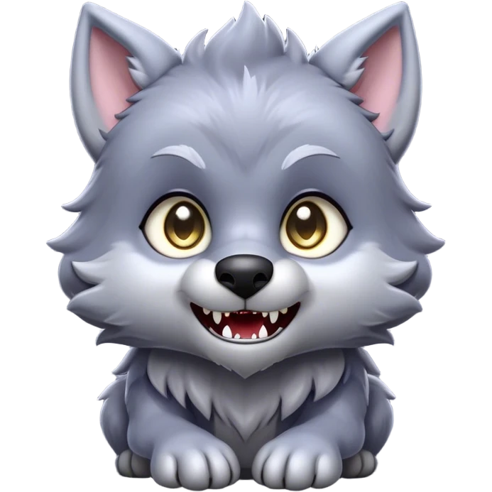 Cinematic Cute Werewolf Portrait Emoji, with a cuddly, miniature lupine form in soft moonlit grays and silvers, featuring oversized sparkling eyes and a sweet, endearing snarl, simplified yet irresistibly adorable, highly detailed with a gentle glowing outline that captures the playful, heartwarming essence of a little werewolf! emoji