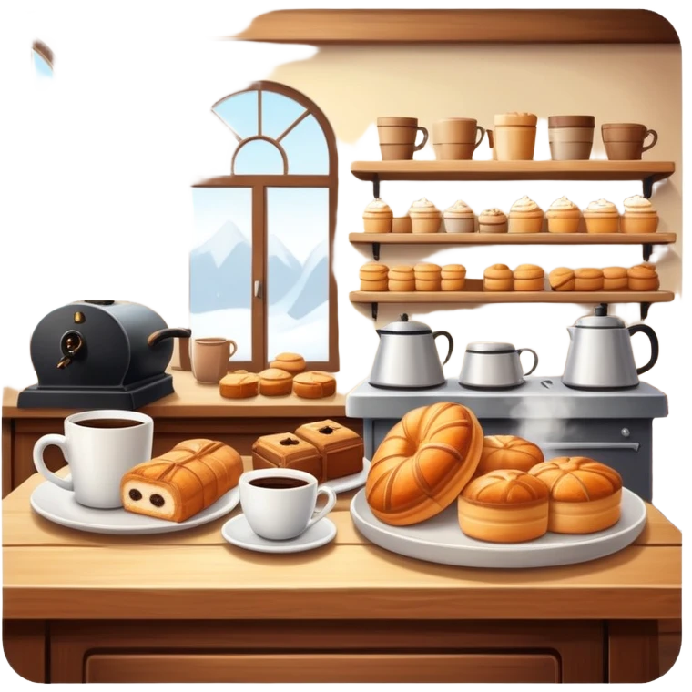 cozy cafe interior with coffee cups and pastries emoji