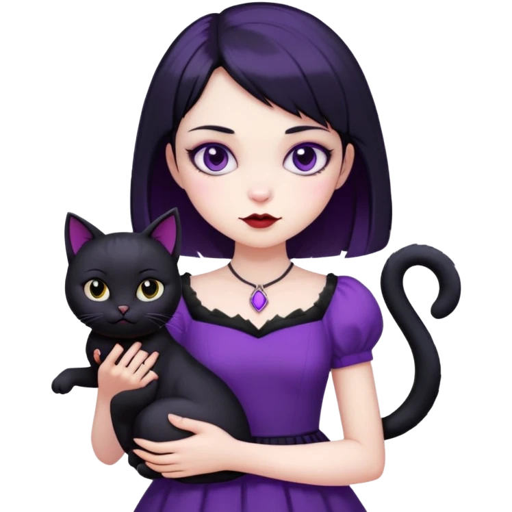 Cute vampire girl with short black hair wearing purple dress holding black cat emoji