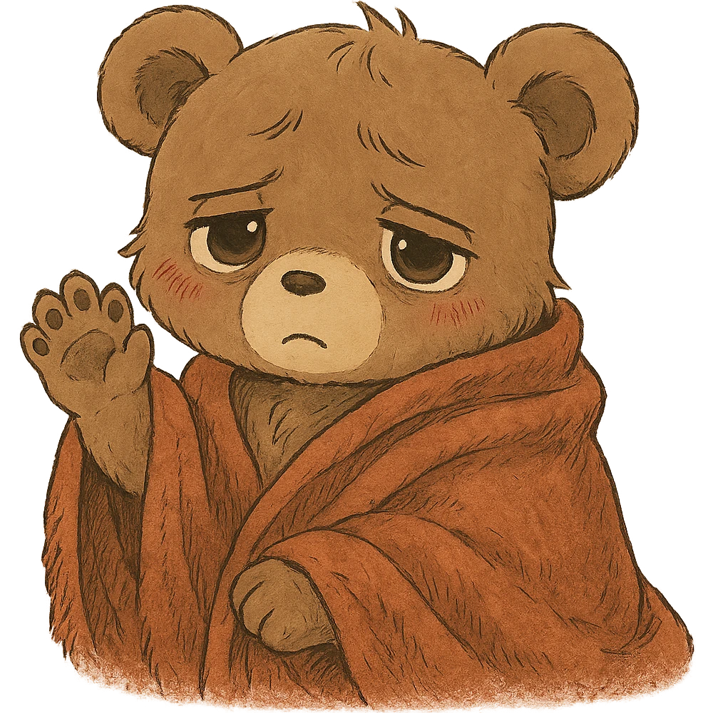 Add a cozy blanket to the anime style cute bear waving, keep the background transparent emoji