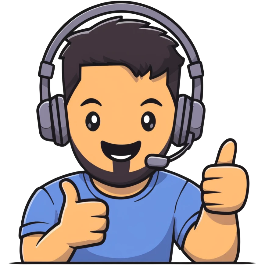 Man with black hair, brown eyes, and black beard wearing gaming headset giving a thumbs up gesture emoji