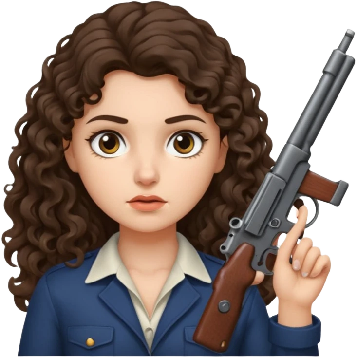 A brunette with long wavy, curly hair girl who is about to kill herself with a littlr gun pointed at her temple emoji