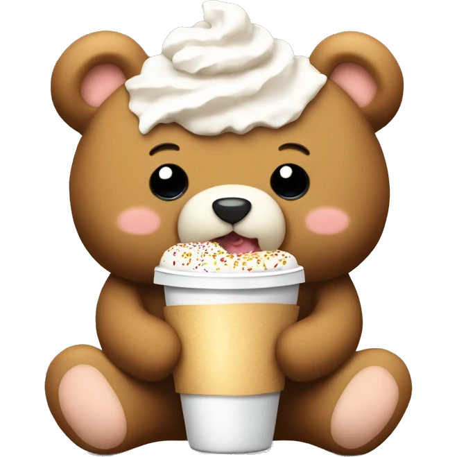 A fluffy teddy bear that is cream colored eating a croissant and a hot coco with whip cream and sprinkle  emoji