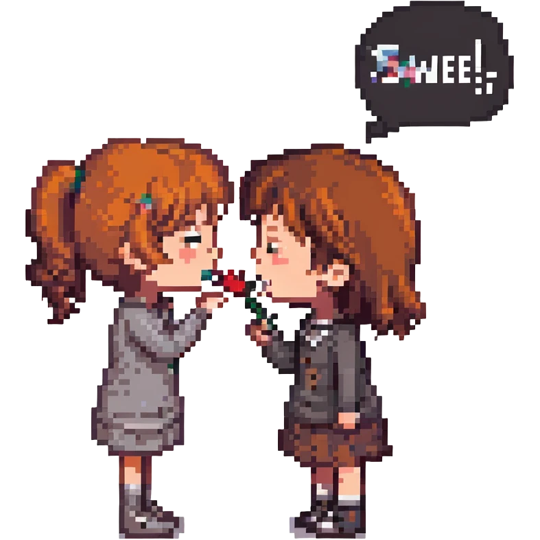 a girl and boy kissing inside a Hello Kitty-themed room, the girl says "sweet!" in a speech bubble, variant with different expressions emoji