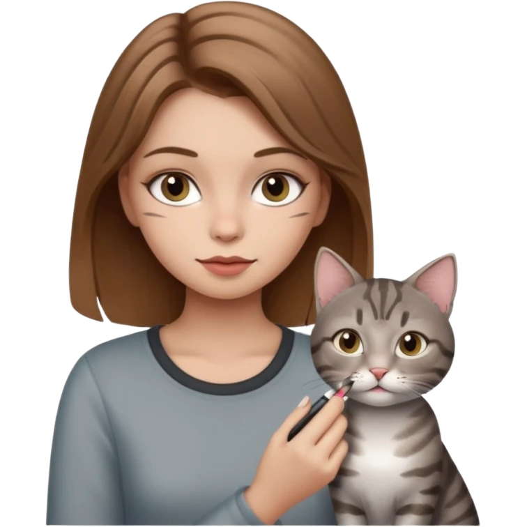 A image of a girl with light brown hair doing her makeup with her grey tabby cat emoji