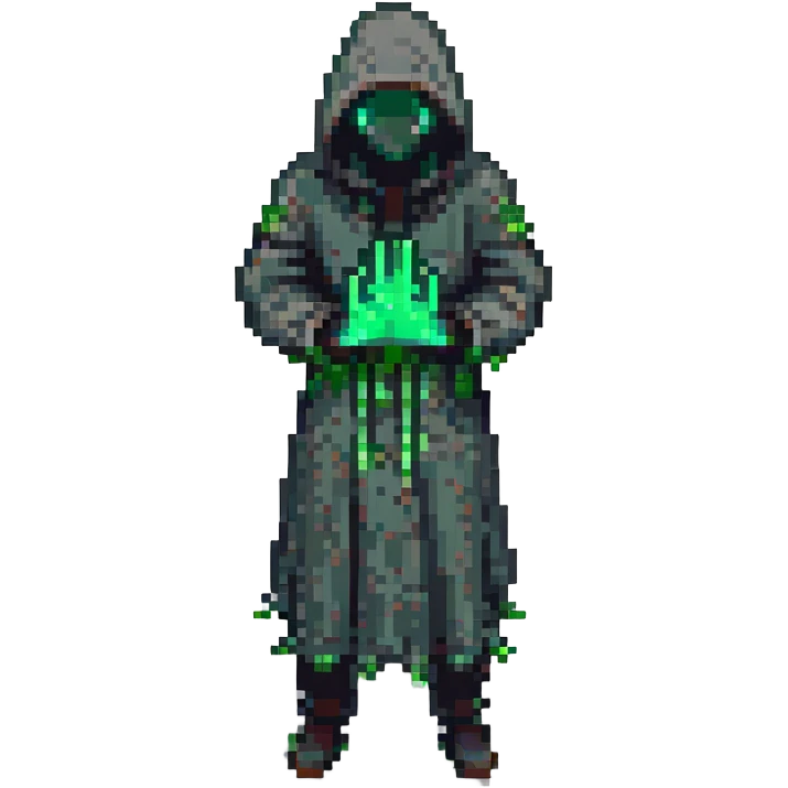 hooded figure with glowing green hands, surrounded by small trees, leaves, or vines emoji