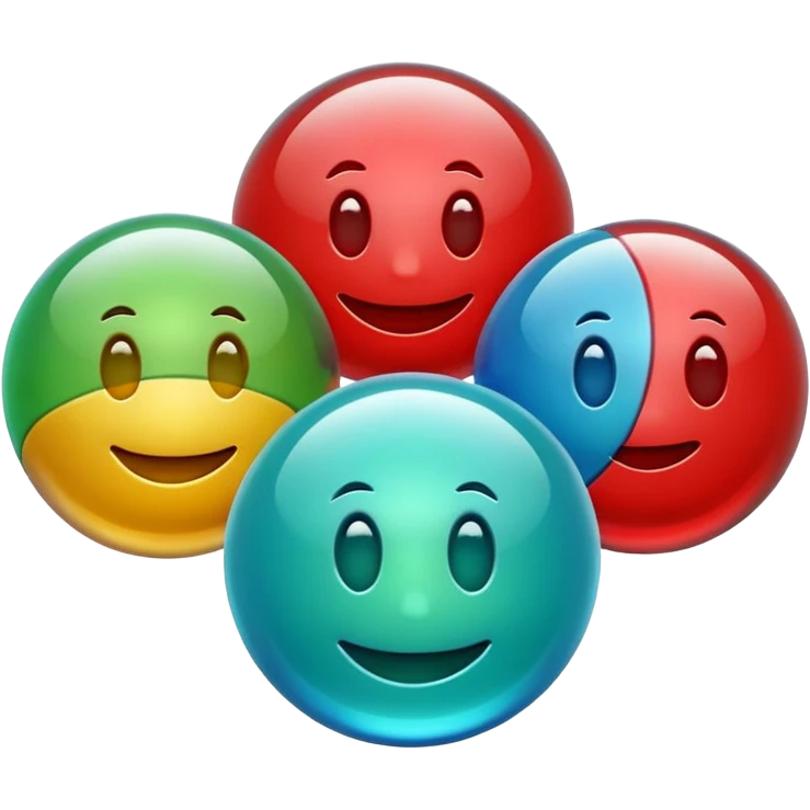 Cute 3D cartoon emoji style sticker of a 3 glass and ball game, glossy plastic texture, soft lighting, smooth shadows, playful expression, high detail, white outline sticker, transparent background (glass color green, red, & blue) emoji