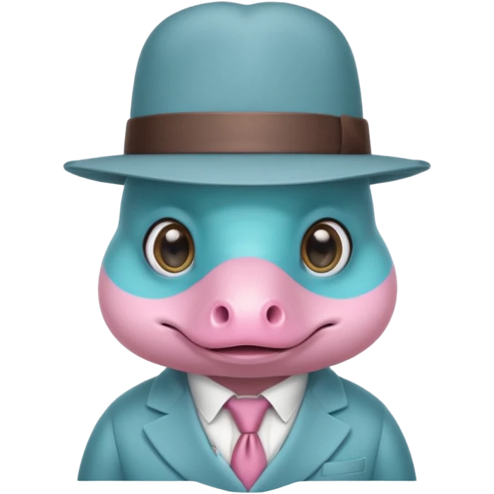 cute light blue turqiouse platypus head, mysterious with very big eyes with a detective hat and monocle on his eye, no  hands, looks like a platypus but blue, the hat and suit are pink emoji