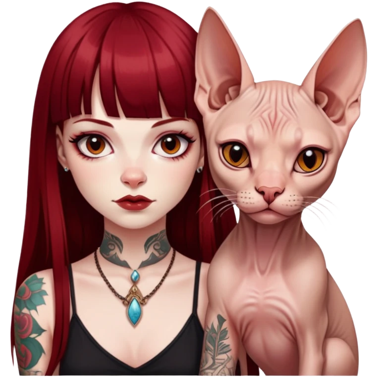 girl with long dark red straight bangs hair and tattoos and a Sphynx emoji