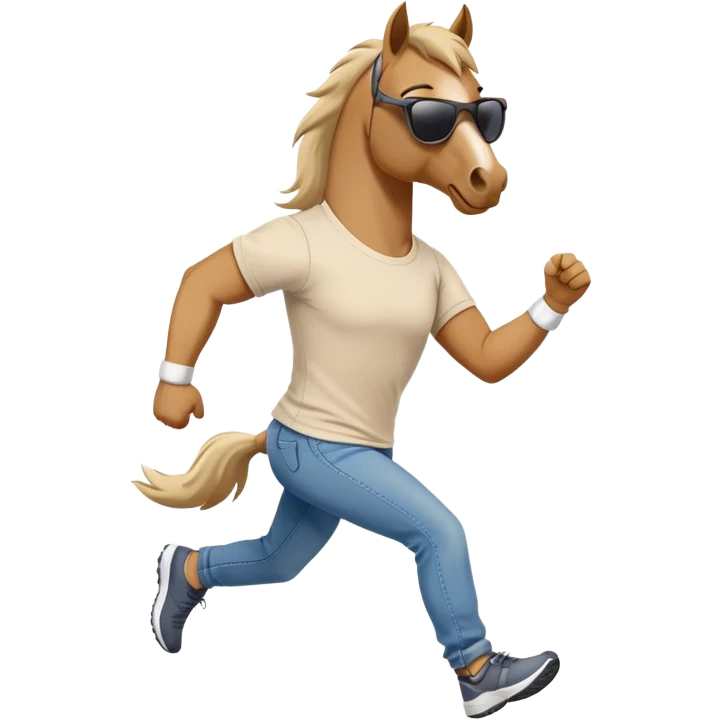 friendly anthropomorphised stallion in jeans and a t-shirt, wearing dark sunglasses, jogging upright in relaxed pose emoji