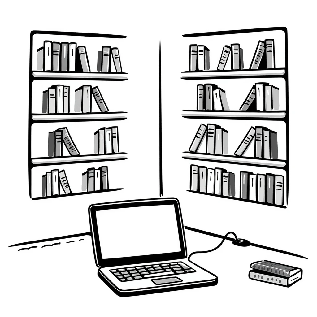 A cozy library with curved bookshelves and an open old-school laptop

 emoji