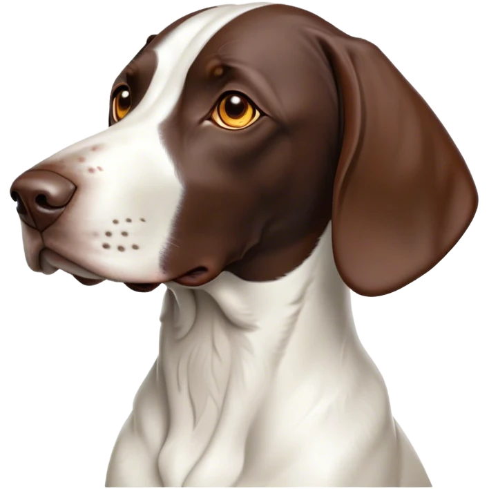Cinematic Noble German Pointer Portrait Emoji, Poised and regal, with a lean, athletic build and a sleek, short coat in liver and white, deep-set soulful brown eyes, Simplified yet sharp and sophisticated features, highly detailed, glowing with a soft, dignified glow, high shine, intelligent and driven, stylized with an air of determination, focused and attentive, soft glowing outline, capturing the essence of a watchful and commanding hunter, so majestic it feels as though it could sprint out of the screen with effortless authority! emoji