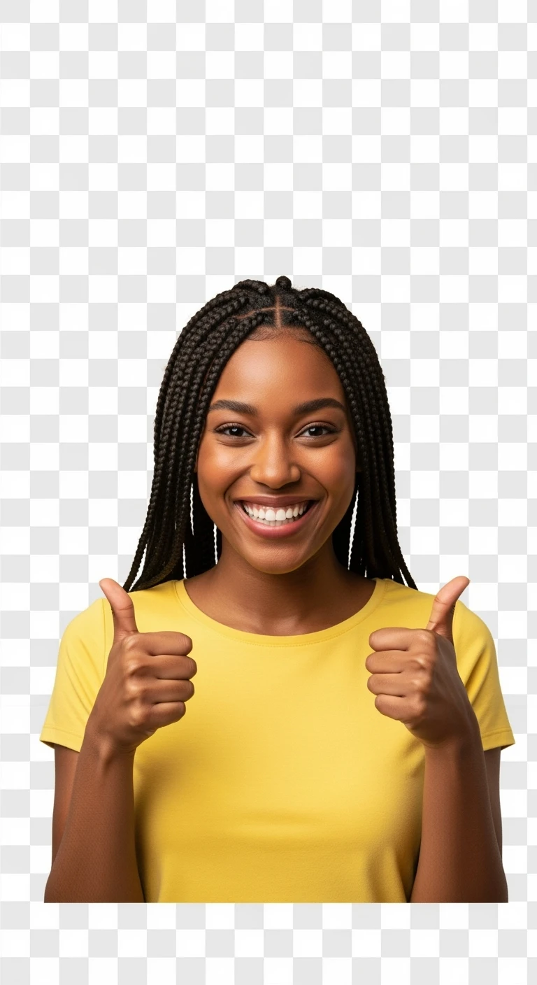 DONNA FELICE CON POLLICI ALZATI, IPERREALISTICA 4K, SENZA SFONDO emoji