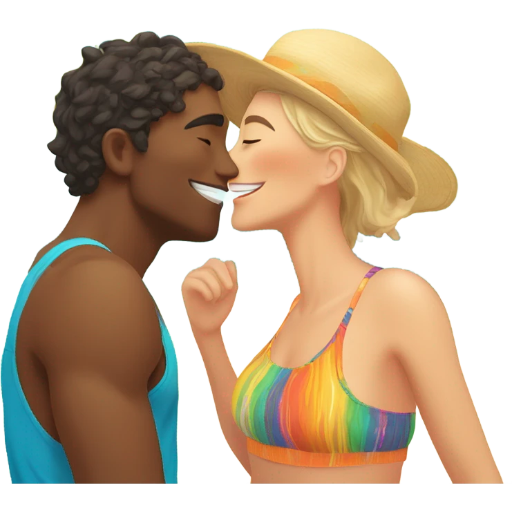 with beach clothes young metis man and white woman kiss love pink emoji