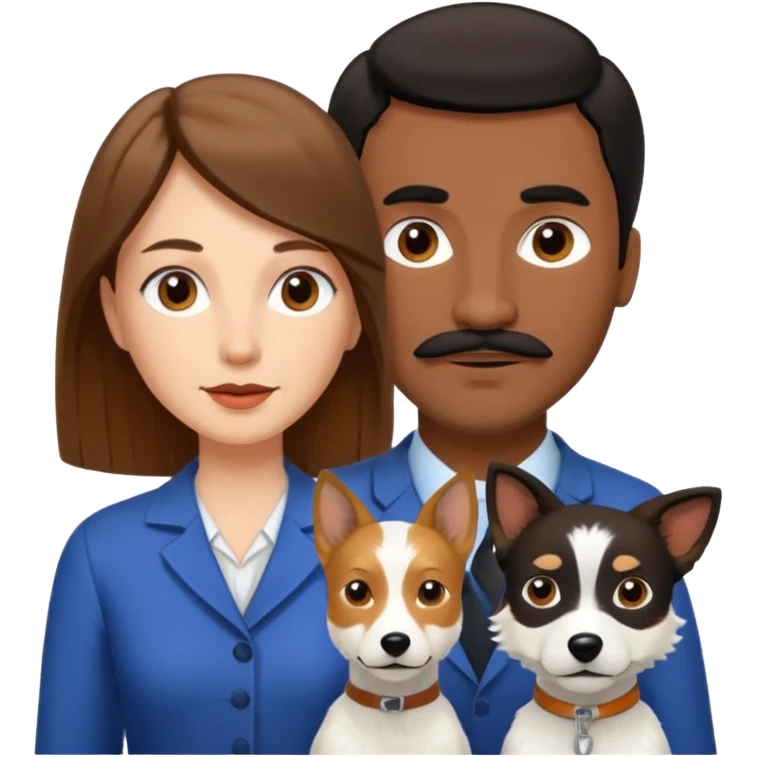 Quiero a una mujer blanca  con el pelo por el hombro lacio castaño  con un hombre de color morochito con el pelo negro y bigote, y un perro blanco Fox terrier  emoji