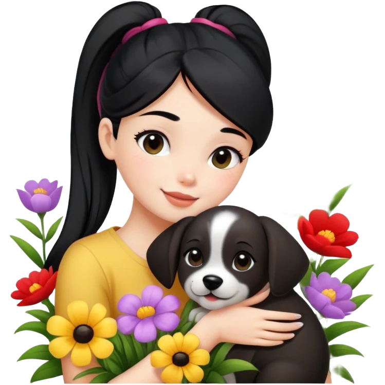 A beautiful girl with black ponytail happily hugs a dog in the flowers emoji