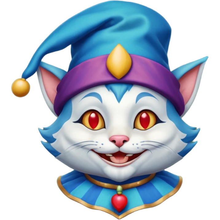 crazy colorful cute little cat jolly joker from poker, medieval, vintage, court jester, mac os icon, blue color emoji