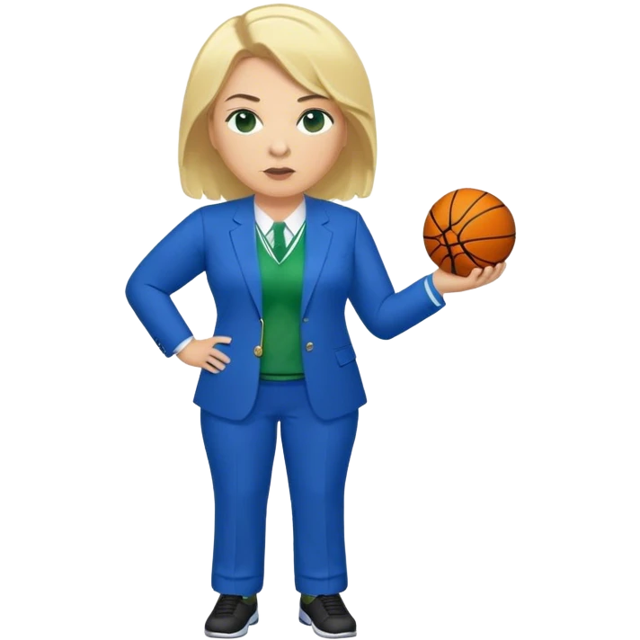 Full Body white plus size female basketball head coach with whistle  blonde hair shoulder length in a blue and green suit emoji