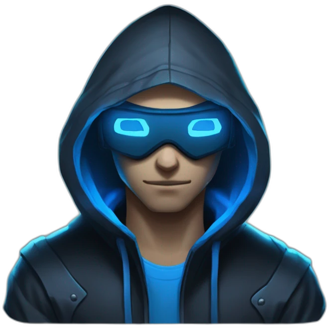 developer behind his laptop with this style : Riot Games Valorant neon blue eyes glowing bright blue character blue black hooded assassin themed character emoji