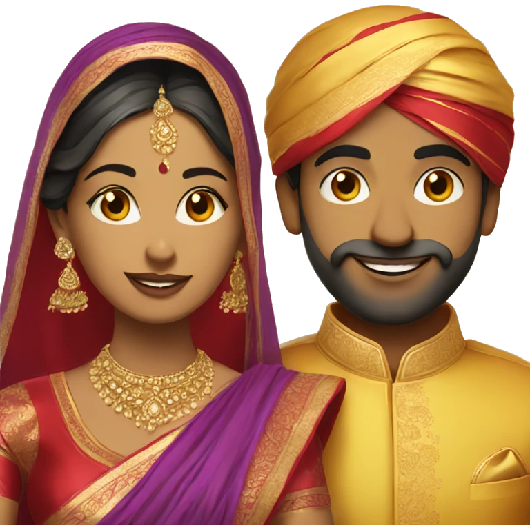 Indian bride and groom. Yellow saree with red blouse and purple sherwani. No turban.  emoji