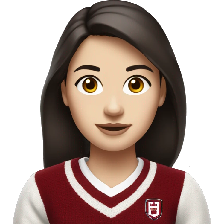 Girl with dark brown hair and white skin wearing a crimson and white sweater with the black crimson and white Harvard University logo on it  emoji