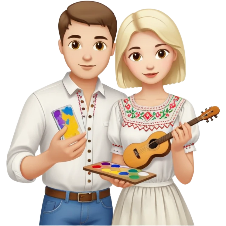 a guy in a white Ukrainian embroidered shirt and a girl in a white Ukrainian embroidered shirt, holding music and a paint palette emoji