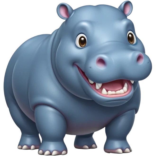 cinematic-hippo-realistic-full-body-side-view-standing-on-all-fours-emoji,-massive-round-frame,-wide-mouthed-grin-exposing-huge-teeth,-head-tilted-dramatically,-thick-greyish blue-hide-glossy, big cute eyes emoji