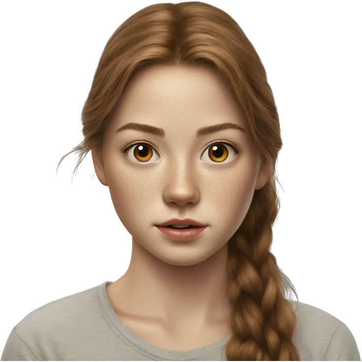 Maja Strojek long brown hair teenager, freckles, hyperreal, photoreal portrait emoji