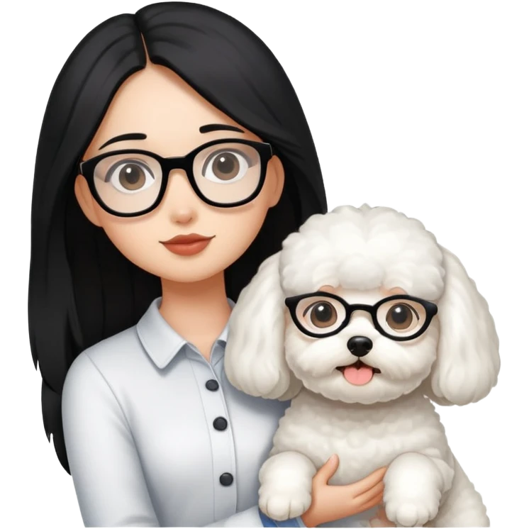 Girl with long black hair and glasses holding a white Bichon Frise dog emoji